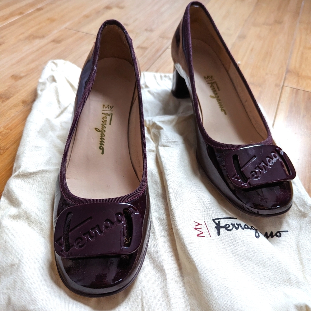 Plum 7.5 Salvatore Ferragamo Block Heels, never worn